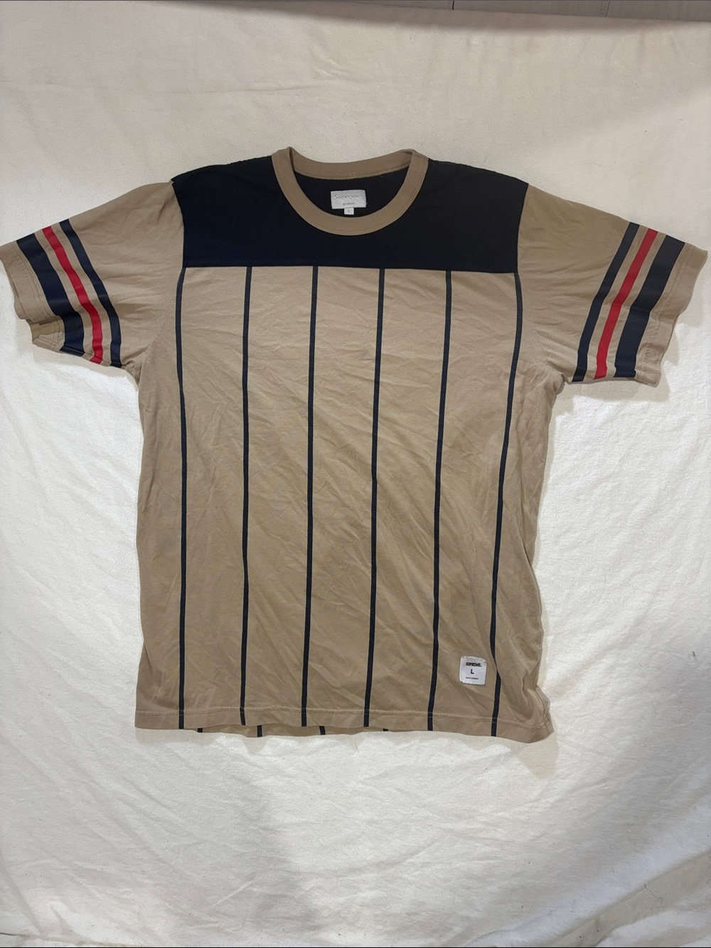 Supreme Tan Vertical Stripe Crewneck Tee Shirt Size Large
